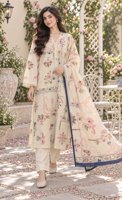 Saya Ivory Multicolor Floral Printed 3-Piece Suit