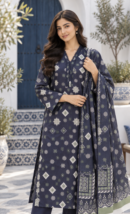 Saya Navy Blue Geometric Printed 3-Piece Suit