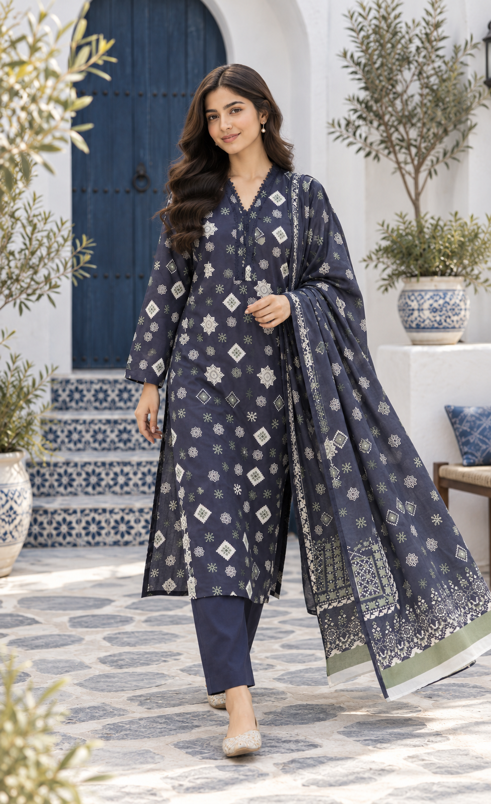Saya Navy Blue Geometric Printed 3-Piece Suit