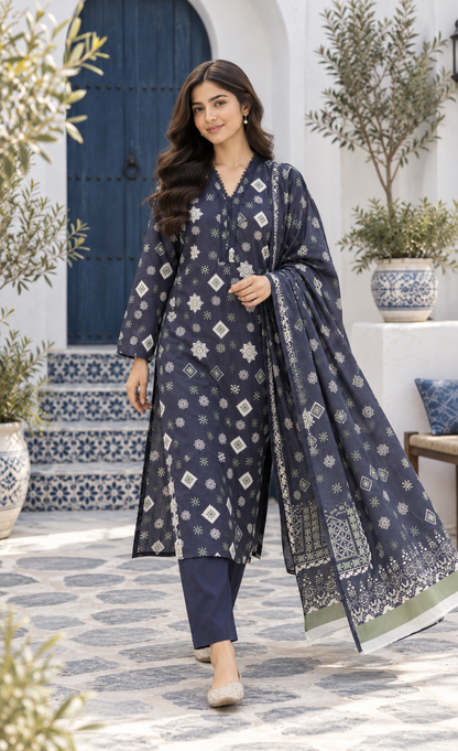 Saya Navy Blue Geometric Printed 3-Piece Suit