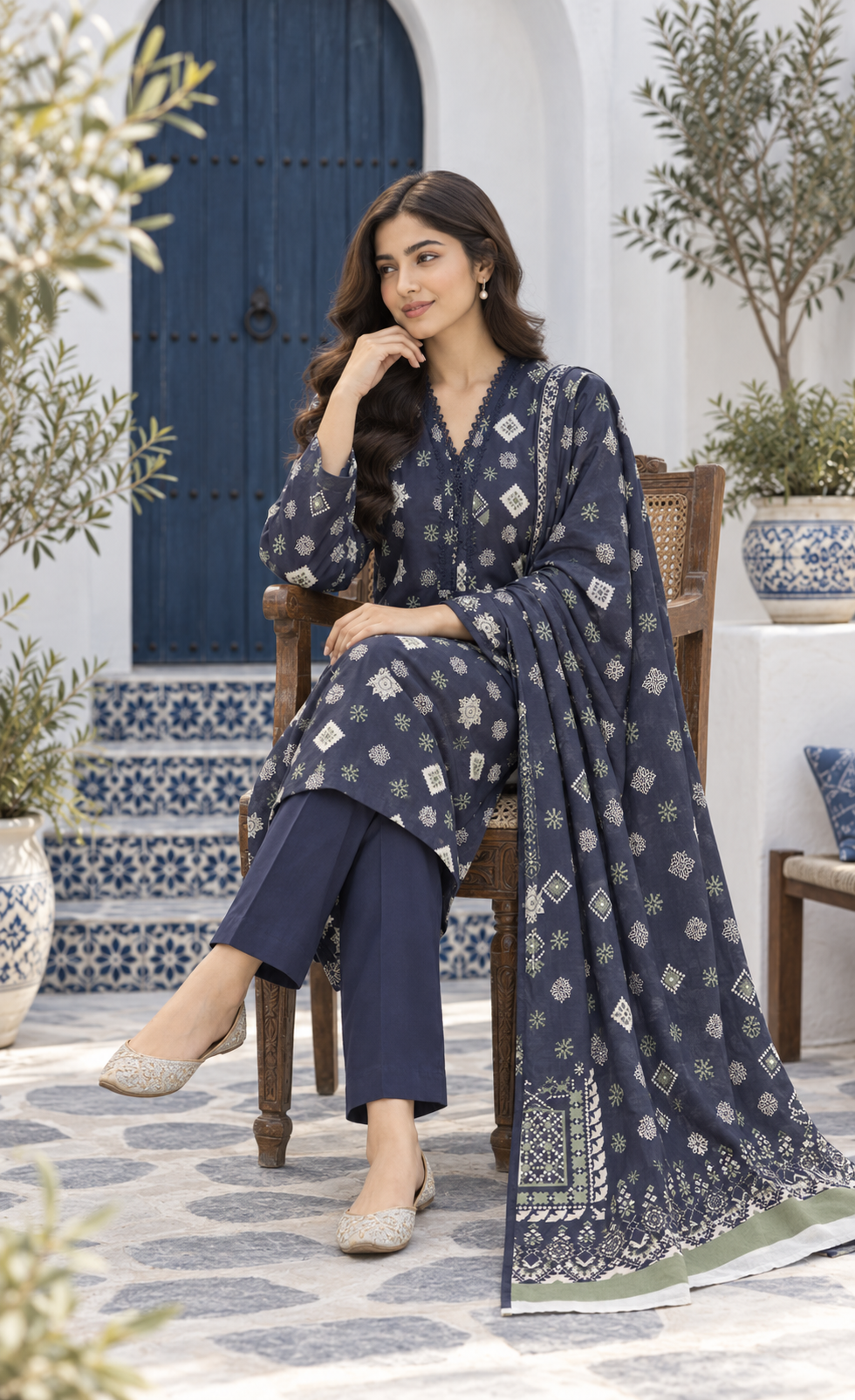 Saya Navy Blue Geometric Printed 3-Piece Suit