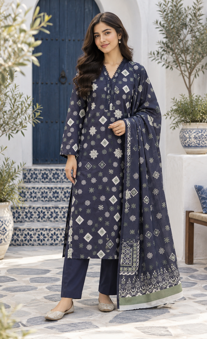 Saya Navy Blue Geometric Printed 3-Piece Suit