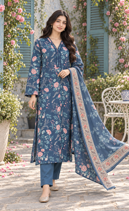 Saya Denim Blue Floral Printed 3-Piece Suit