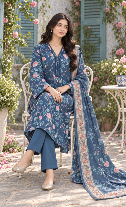 Saya Denim Blue Floral Printed 3-Piece Suit