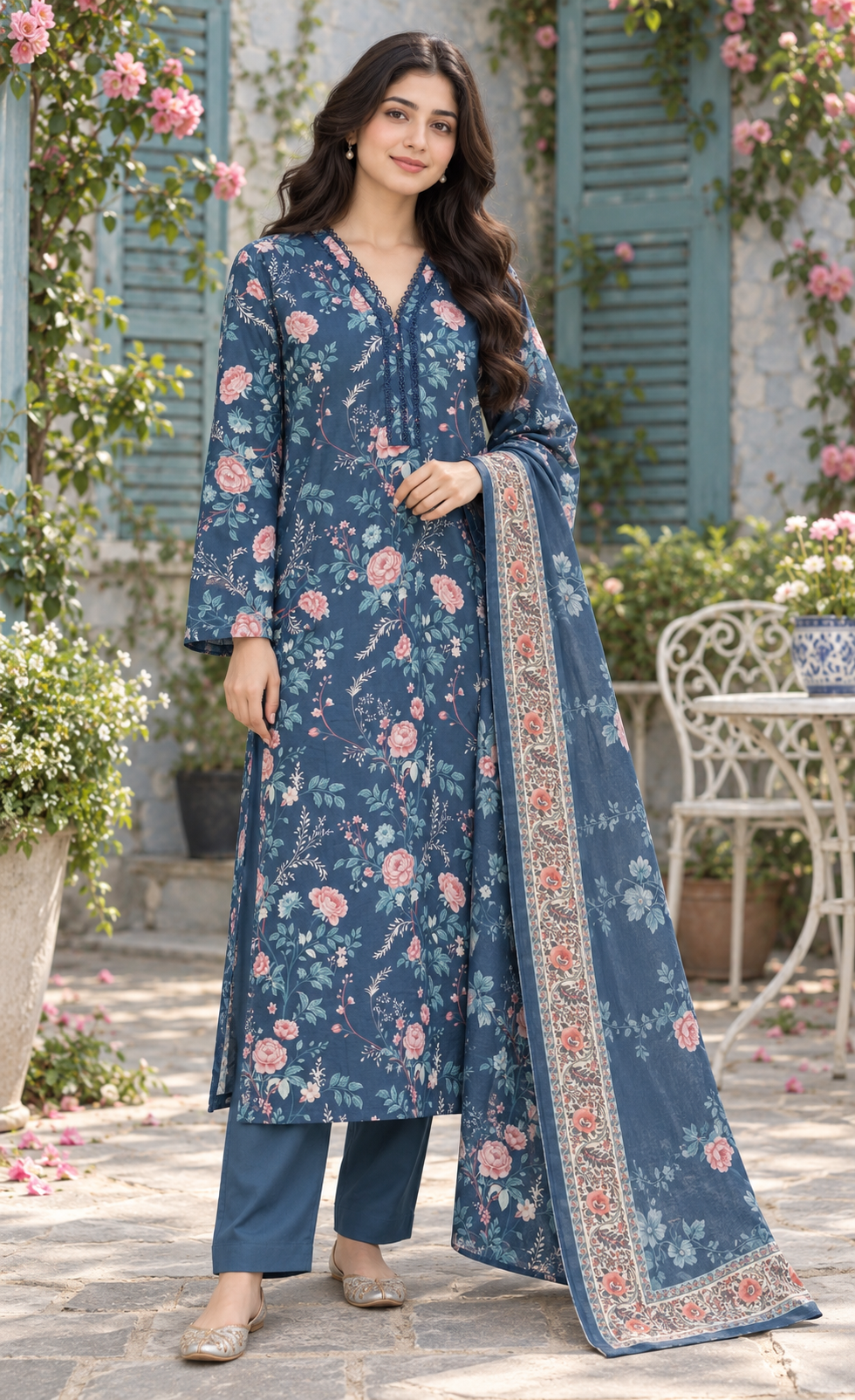 Saya Denim Blue Floral Printed 3-Piece Suit