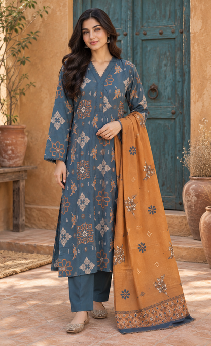 Saya Slate Blue & Rust Printed 3-Piece Suit