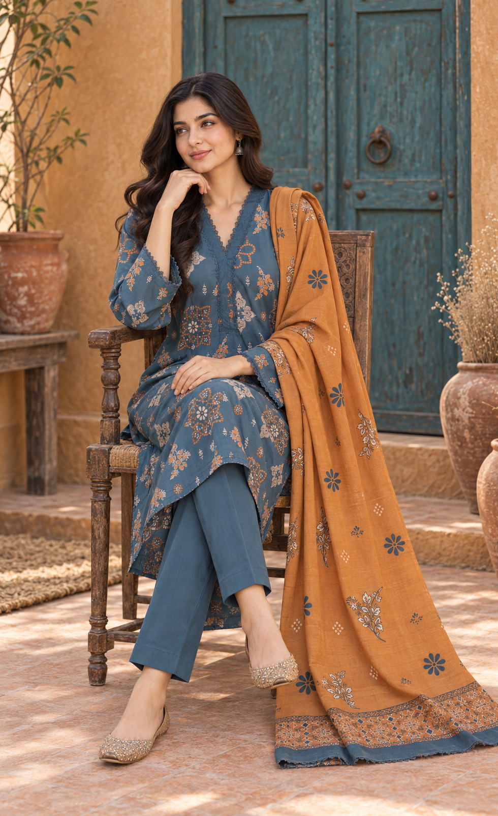 Saya Slate Blue & Rust Printed 3-Piece Suit