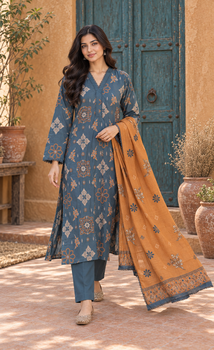 Saya Slate Blue & Rust Printed 3-Piece Suit