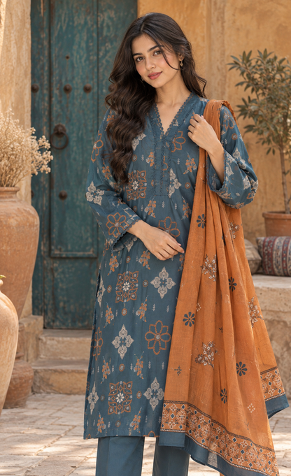 Saya Slate Blue & Rust Printed 3-Piece Suit