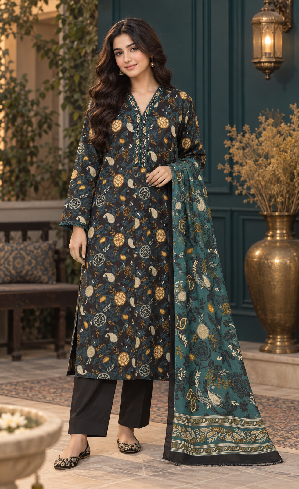 Saya Charcoal & Teal Printed 3-Piece Suit