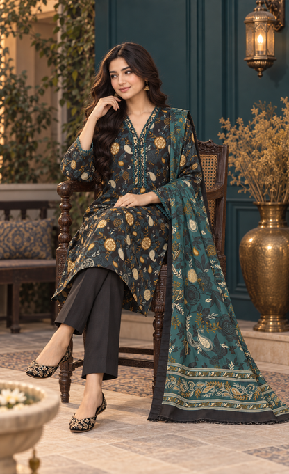Saya Charcoal & Teal Printed 3-Piece Suit