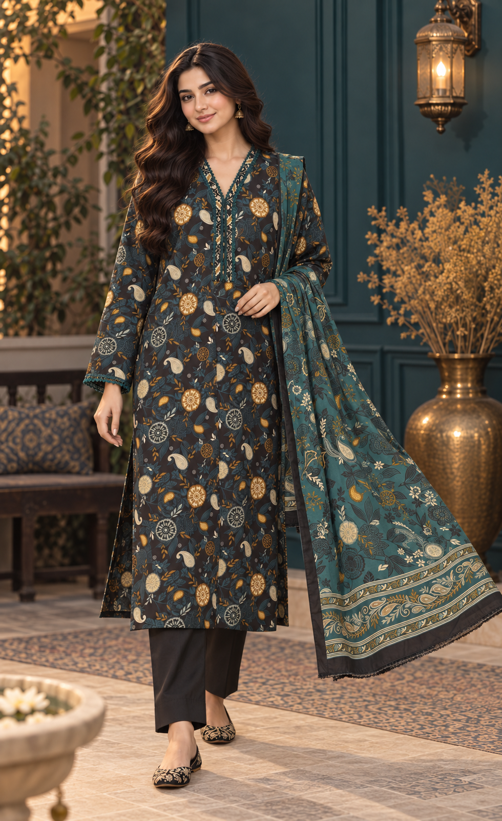 Saya Charcoal & Teal Printed 3-Piece Suit