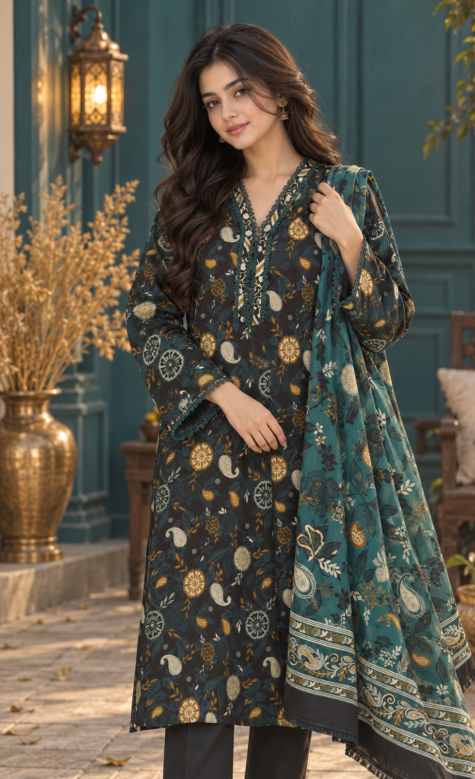 Saya Charcoal & Teal Printed 3-Piece Suit