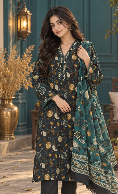 Saya Charcoal & Teal Printed 3-Piece Suit