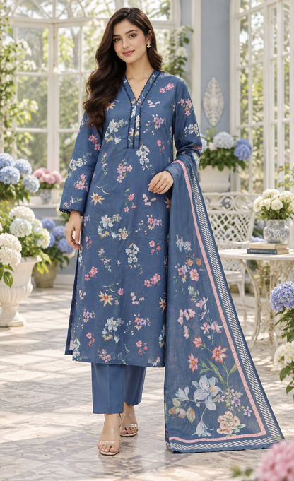 Saya Dusty Blue Floral Printed 3-Piece Suit