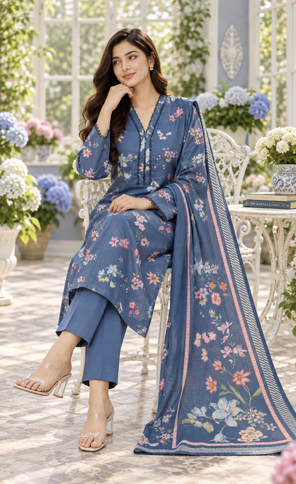 Saya Dusty Blue Floral Printed 3-Piece Suit