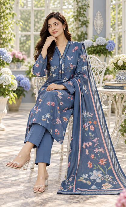 Saya Dusty Blue Floral Printed 3-Piece Suit