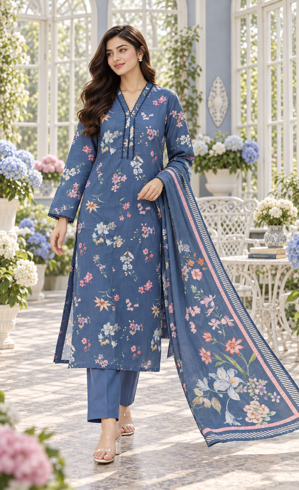 Saya Dusty Blue Floral Printed 3-Piece Suit