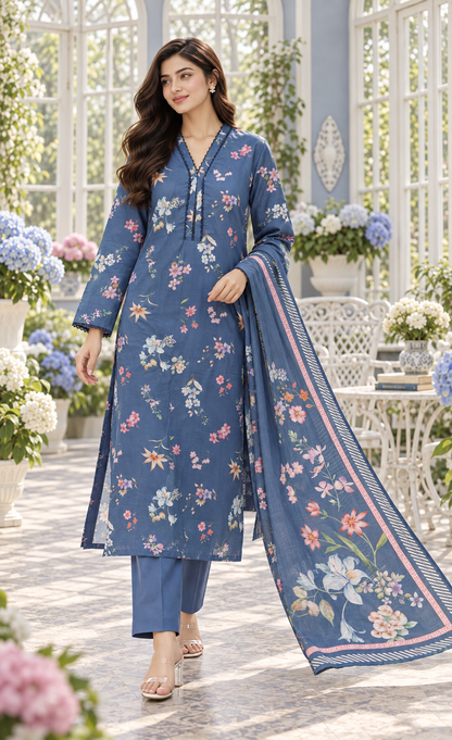 Saya Dusty Blue Floral Printed 3-Piece Suit