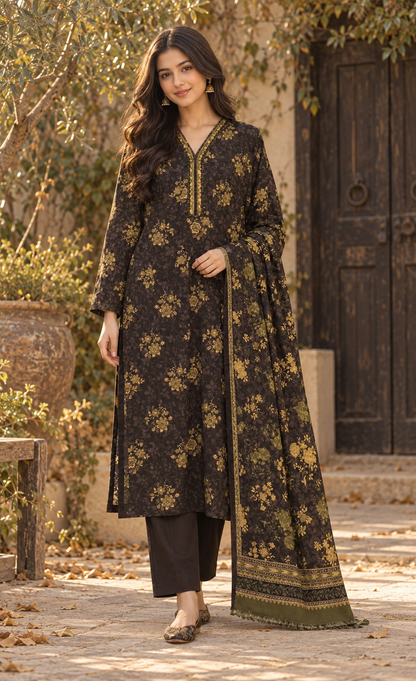 Saya Espresso Brown & Gold Floral Printed 3-Piece Suit
