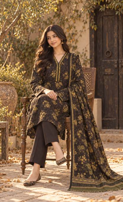 Saya Espresso Brown & Gold Floral Printed 3-Piece Suit