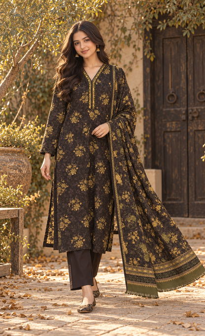 Saya Espresso Brown & Gold Floral Printed 3-Piece Suit
