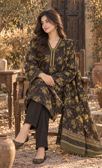 Saya Espresso Brown & Gold Floral Printed 3-Piece Suit