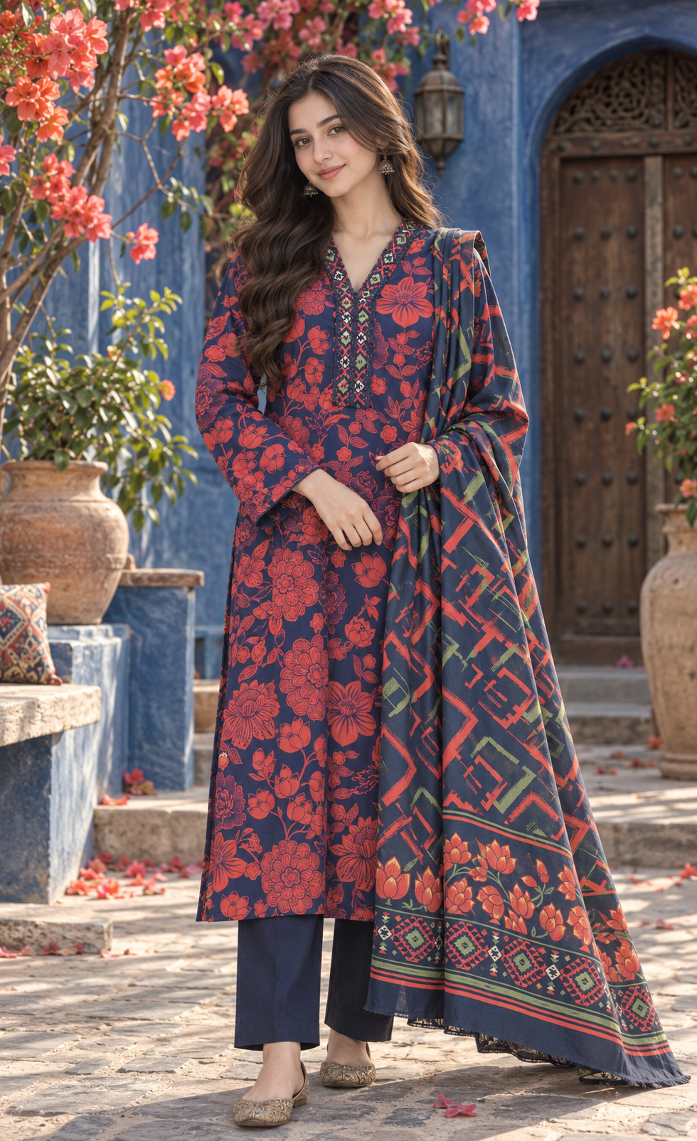 Saya Navy & Rust Floral Printed 3-Piece Suit