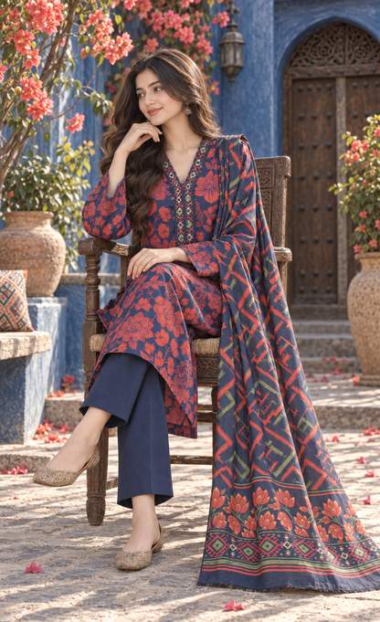 Saya Navy & Rust Floral Printed 3-Piece Suit