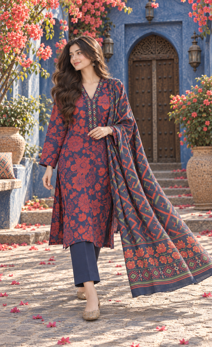 Saya Navy & Rust Floral Printed 3-Piece Suit