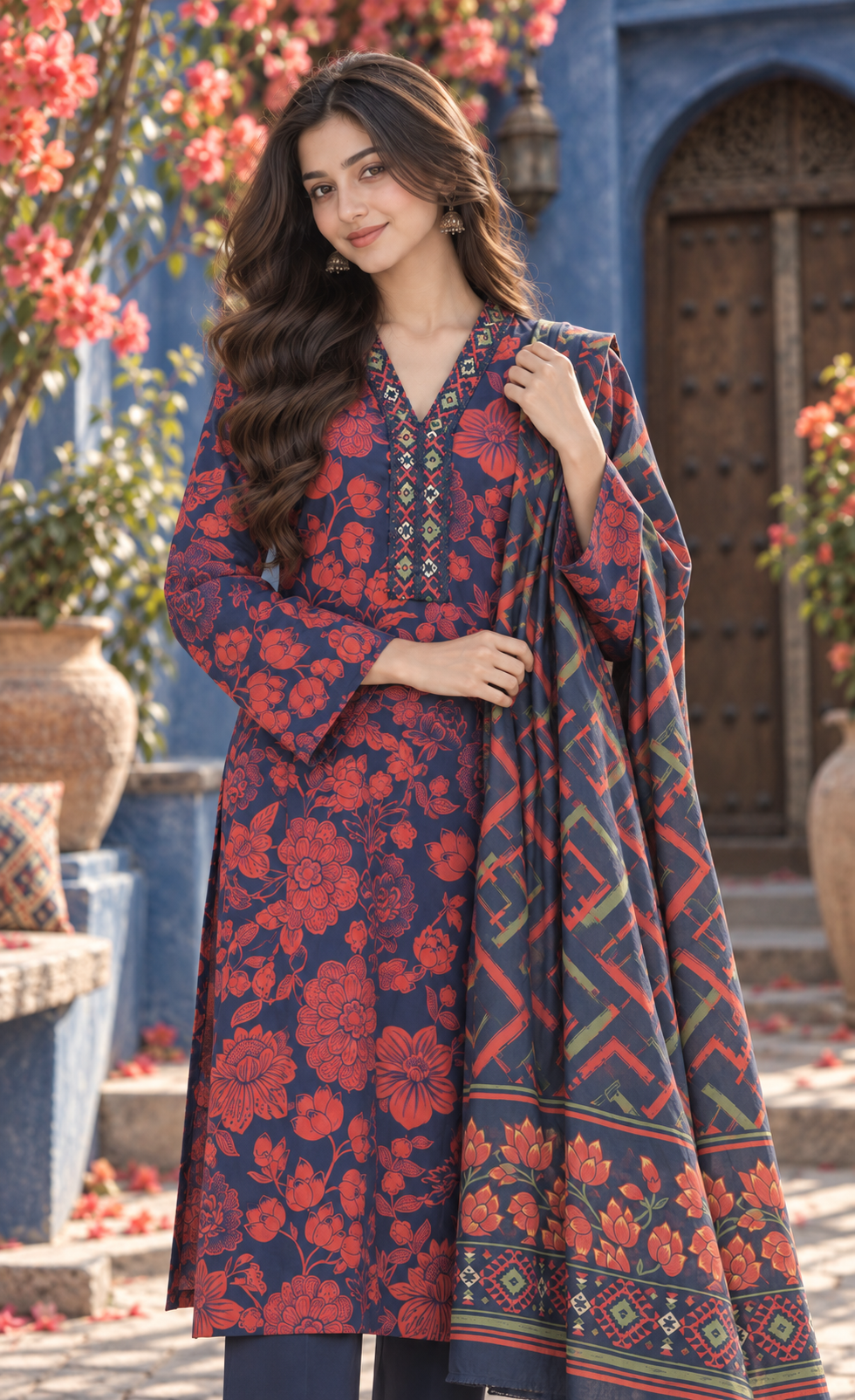 Saya Navy & Rust Floral Printed 3-Piece Suit