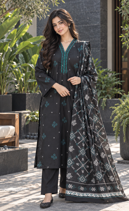 Saya Black & Teal Printed 3-Piece Suit