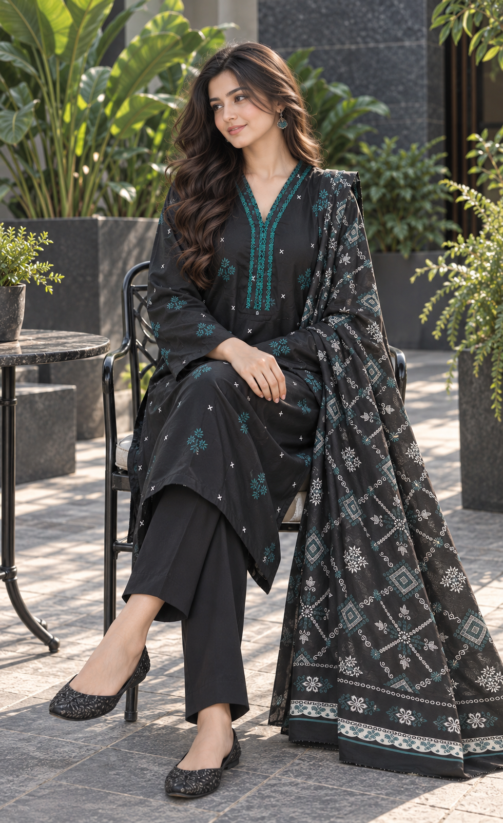 Saya Black & Teal Printed 3-Piece Suit