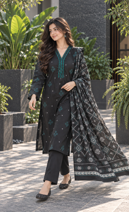 Saya Black & Teal Printed 3-Piece Suit