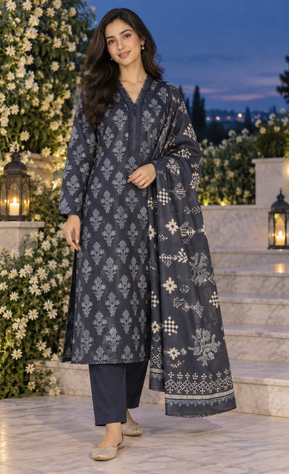 Saya Charcoal Blue Printed 3-Piece Suit