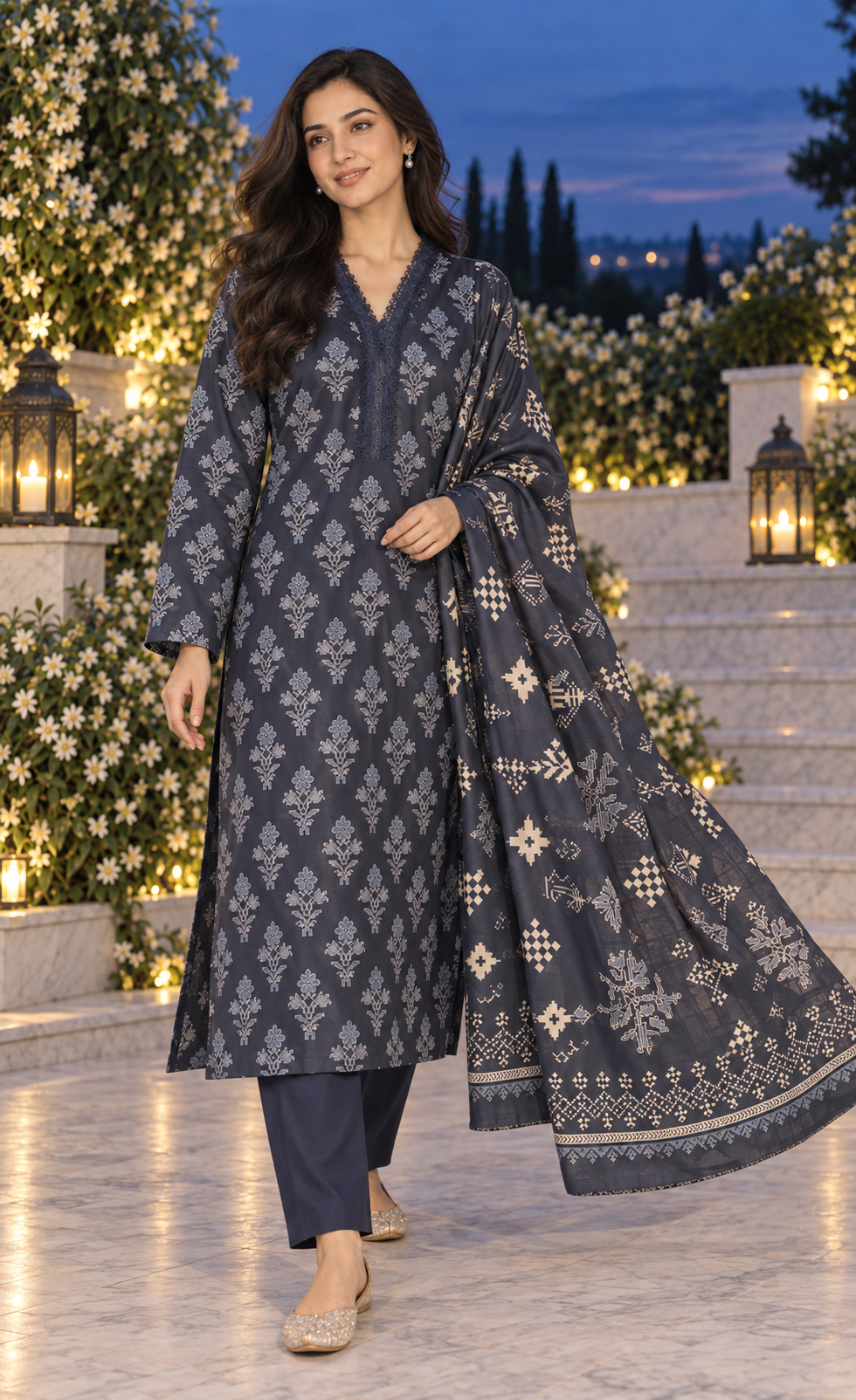 Saya Charcoal Blue Printed 3-Piece Suit