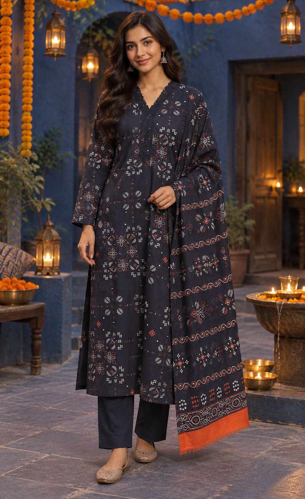 Saya Navy & Rust Geometric Printed 3-Piece Suit