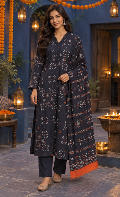 Saya Navy & Rust Geometric Printed 3-Piece Suit