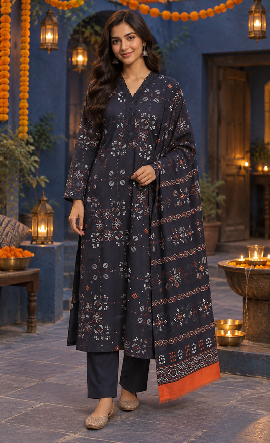 Saya Navy & Rust Geometric Printed 3-Piece Suit