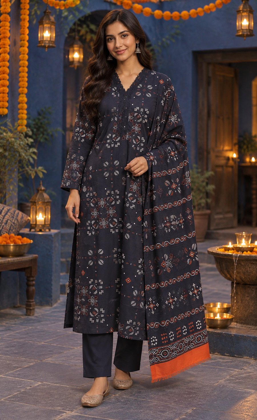Saya Navy & Rust Geometric Printed 3-Piece Suit