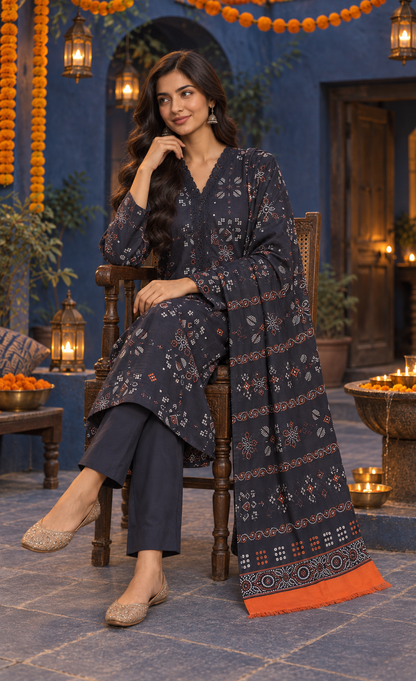 Saya Navy & Rust Geometric Printed 3-Piece Suit