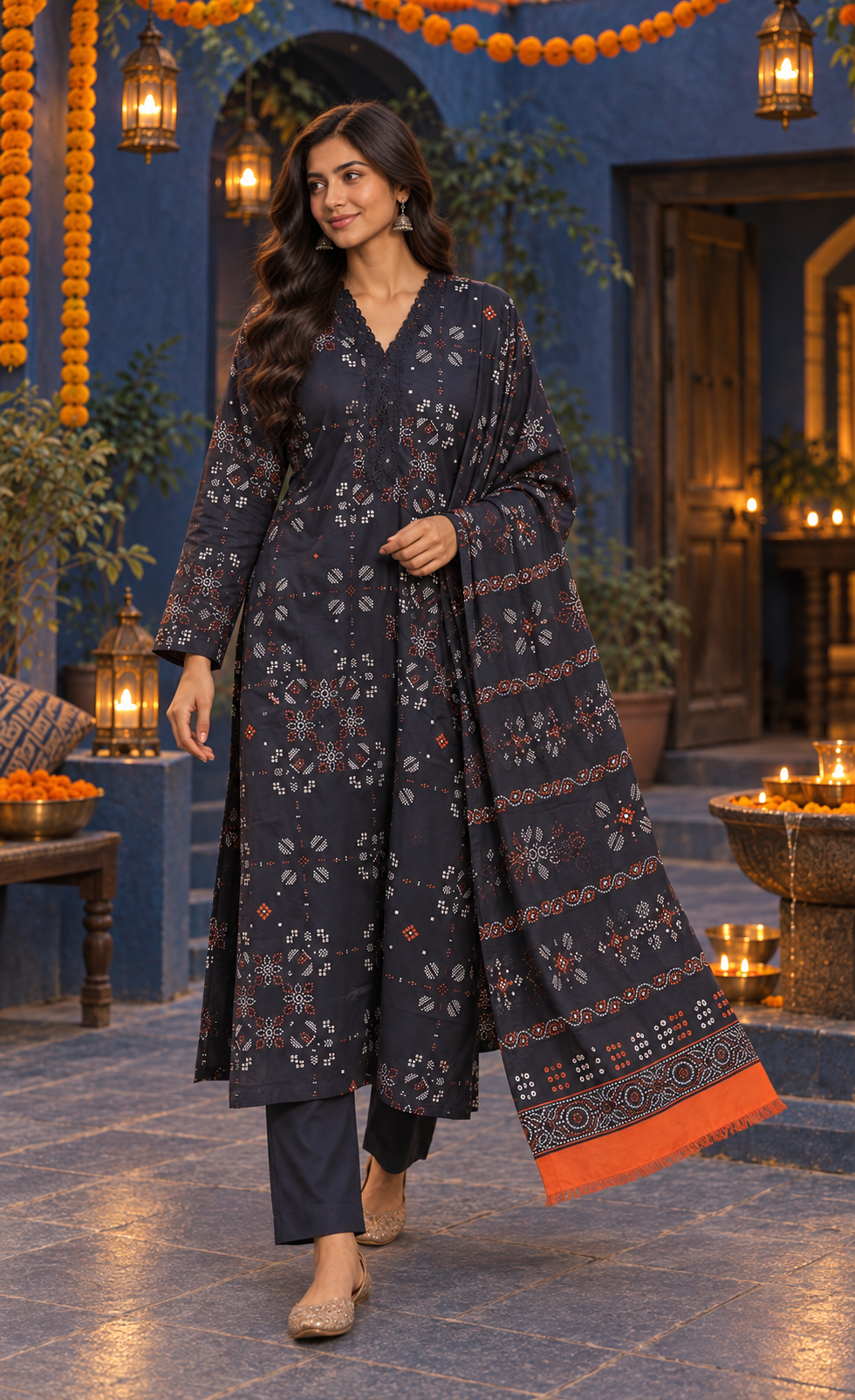Saya Navy & Rust Geometric Printed 3-Piece Suit