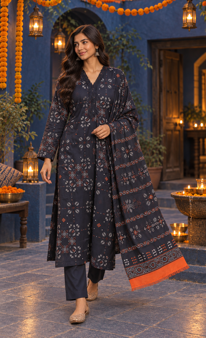 Saya Navy & Rust Geometric Printed 3-Piece Suit