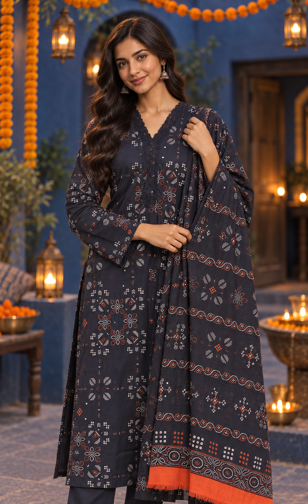 Saya Navy & Rust Geometric Printed 3-Piece Suit