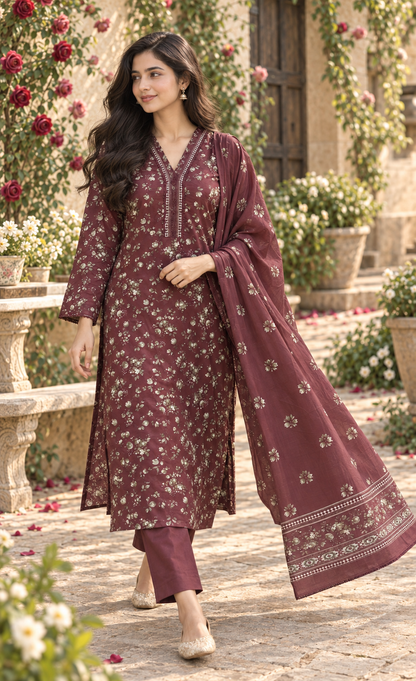 Bin Saeed Burgundy Floral Printed 3-Piece Suit