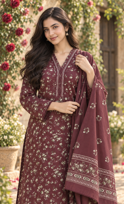 Bin Saeed Burgundy Floral Printed 3-Piece Suit
