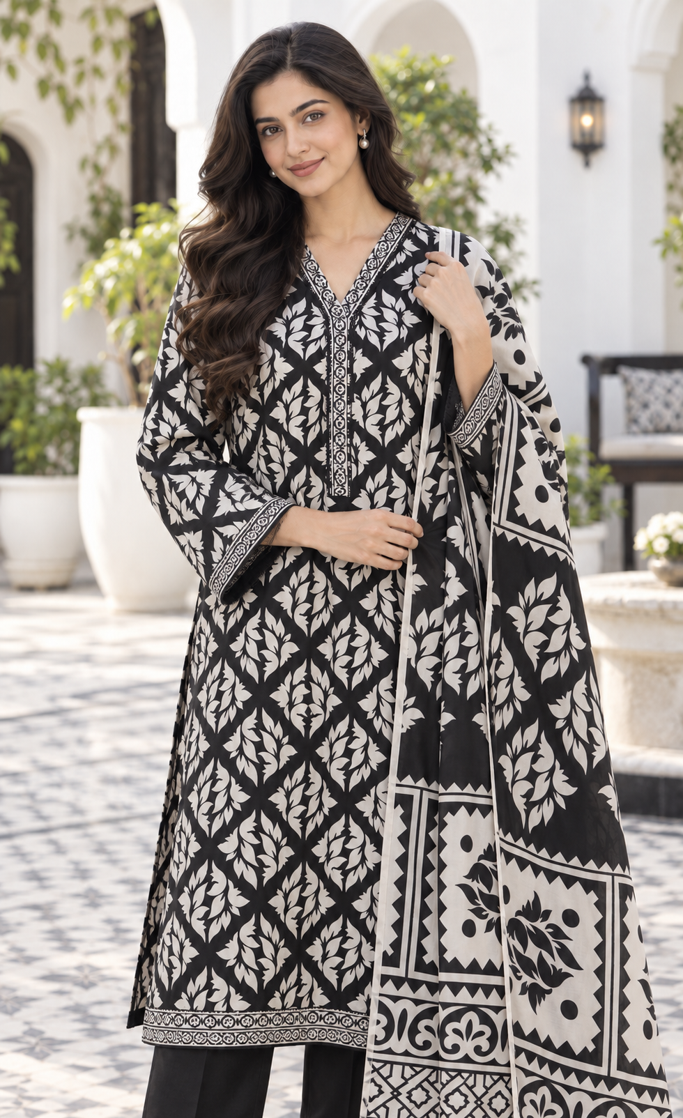 Bin Saeed Black & Ivory Printed 3-Piece Suit