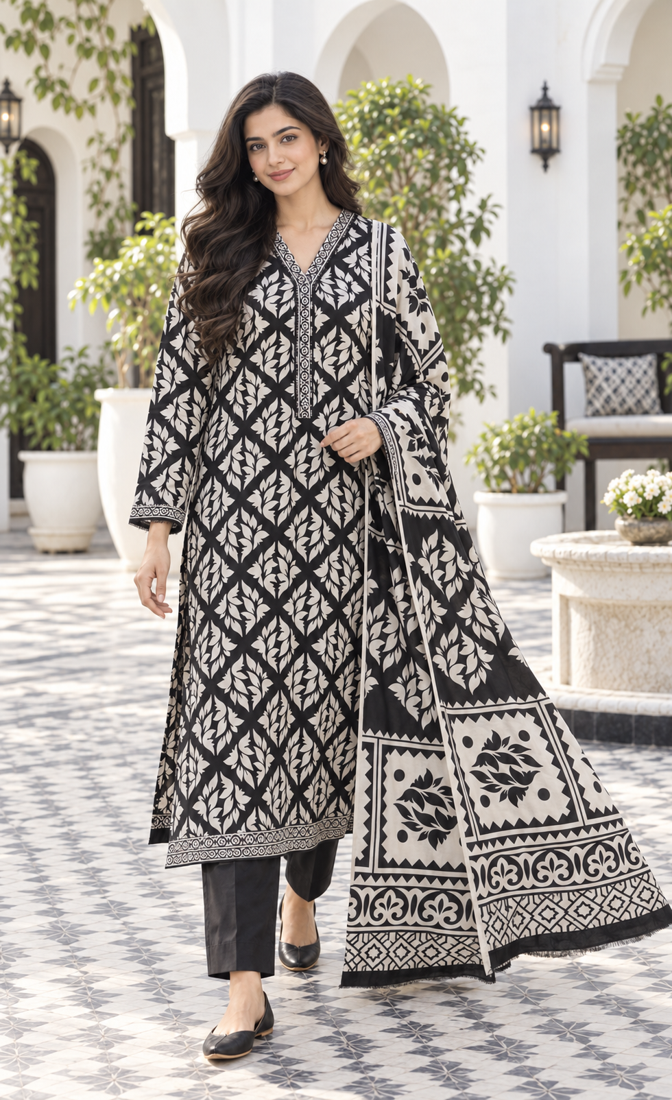 Bin Saeed Black & Ivory Printed 3-Piece Suit