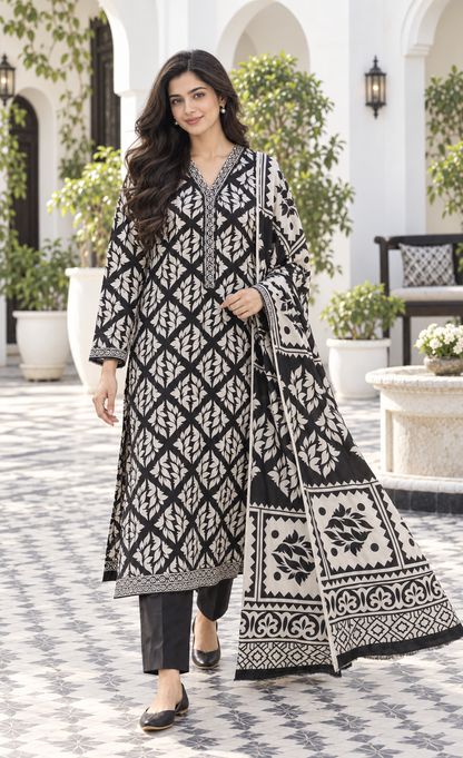 Bin Saeed Black & Ivory Printed 3-Piece Suit