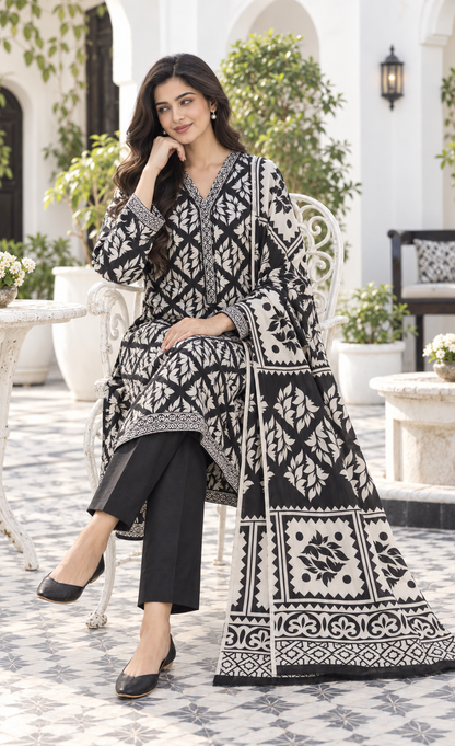Bin Saeed Black & Ivory Printed 3-Piece Suit